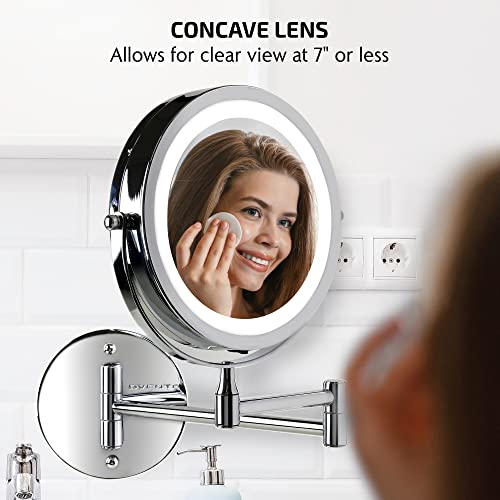 OVENTE Wall Mounted Lighted Makeup Mirror, 7" Double Sided 1X/10X Magnifying Vanity Mirror for Bathroom with LED Lights, Cordless, 360¡Æ Rotation and 13" Extendable Arm, Polished Chrome MFW70CH1X10X
