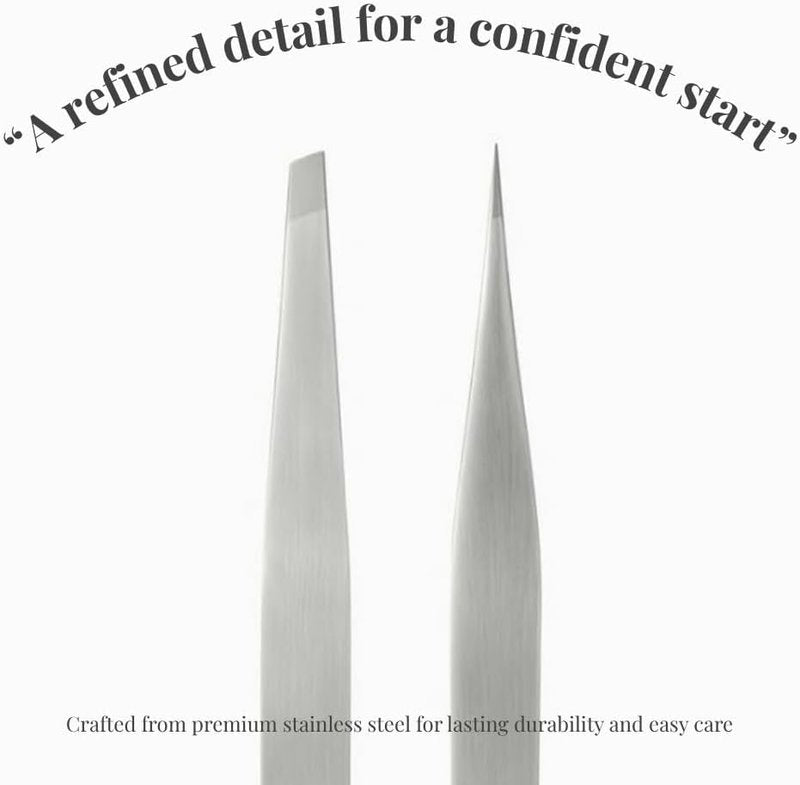 Precision Tweezers Set - Stainless Steel Pointed & Slant Tips for Eyebrow & Facial Hair | Professional Beauty Tool with Case