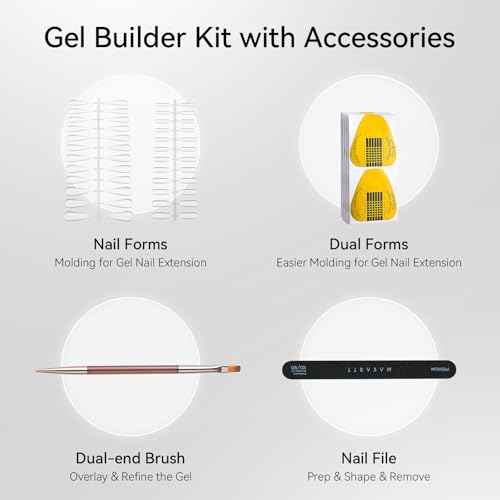 Makartt Clear Gel Builder Kit: Self-Levelling, Long Lasting Extension Hard Gels for Strengthener, Broken Nails Repair Gel Kit with Paper Forms, Dual forms, Nail File and Dual-End Brush 1.06 oz