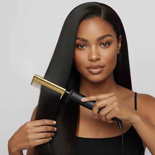 KISS Professional Pressing Comb with Polished Gold Smoothing Comb, Safety Stand, Digital LED Temperature Display, & Tangle Free 360¡Æ Swivel Cord