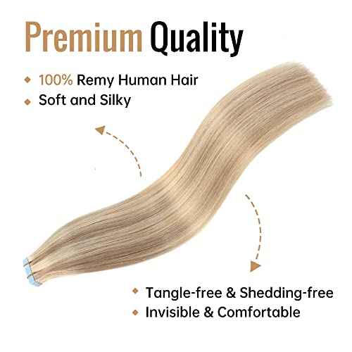 JESSBO Tape in Hair Extensions Human Hair Ash Blonde Highlighted Bleach Blonde 20 inch 20pcs 50g/pack Straight Seamless Skin Weft 100% Real Human Hair
