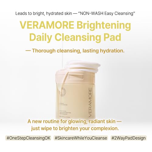 Veramore Rice & Vitamin Glow Cleansing Pads ? Dual-Sided Brightening & Hydrating Toner Pads with Mushroom Extract & Hyaluronic Acid, Niacinamide | Gentle Exfoliating K-Beauty, 70 Count (5.07 fl oz)