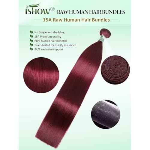 ISHOW Raw Human Hair Bundles, 100% Unprocessed Virgin Human Hair, 15A Straight Premium Quality Bundles Producer, 20 Inch Single Bundle, Long Lasting, Red Burgundy Color 99J