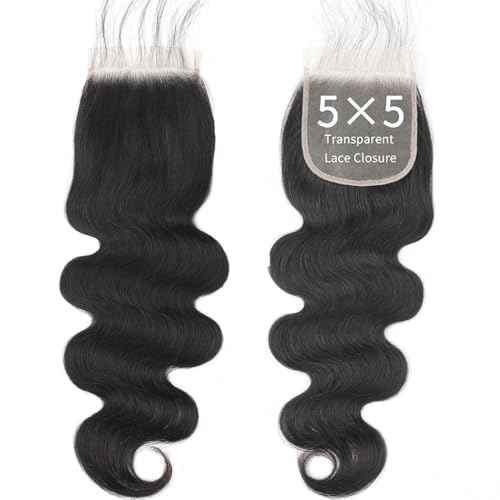 5x5 HD Transparent Closure Body Wave Human Hair Lace Closure Skinlike Brazilian 5x5 Closure 22inch Virgin Body Wave 100% Real Human Hair Free Part Closure Pre Plucked Natural Black Glueless
