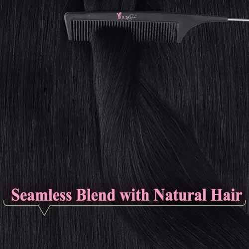 YoungSee 28 Inch Tape in Hair Extensions Human Hair Black Tape in Extensions Real Human Hair Tape-in Hair Extension Black Girl Glue in Hair Extension for Long Hair 50g 20pcs