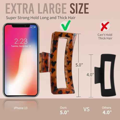 5 Inche Extra Large Claw Clips for Thick Hair, 4 Pack Xl Leopard and Glossy Claw Clips, Jumbo Non-Slip Rectangle Hair Clips for Women, Strong Hold Jaw Clips for Long Hair