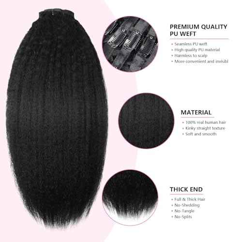 Seamless Clip In Hair Extensions Human Hair Invisible Pu Skin Weft Kinky Straight Seamless Clip Ins For Black Women Real Human Hair Extensions 8pcs With 18clips Per Set 120g (16inch,Natural Black)