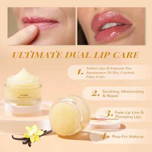 ANAI RUI Lip Mask and Scrub Set, Lip Sleeping Mask & Lip Exfoliator/Scrub for Exfoliating & Lip Overnight Treatment, Lip Care Gift Kits for Dry, Chapped & Dark Lips, Christmas Gifts, Vanilla