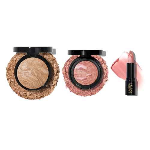 LAURA GELLER NEW YORK Marble Magic Kit: Baked Balance-n-Brighten Powder Foundation, Medium + Baked Blush-n-Brighten, Pink Buttercream + Italian Marble Lipstick, Berry Vanilla