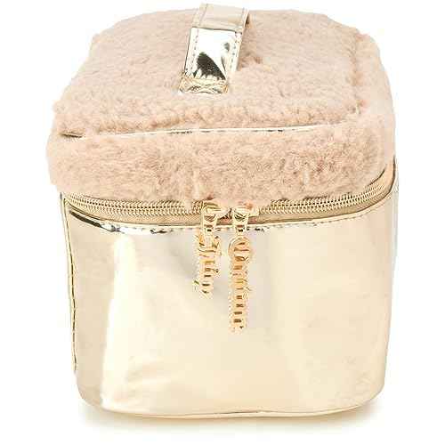 Juicy Couture Gold Makeup Bag Cosmetics Organizer Travel Essentials Train Case Shiny Rhinestones Faux Shearling