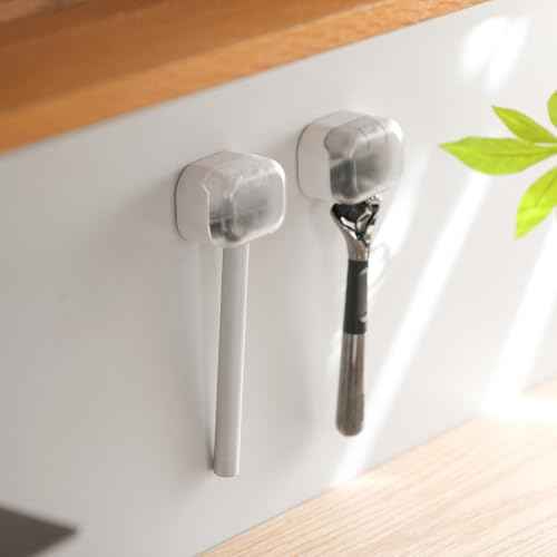 BEZOX Wall Mounted Razor Holder (2-Pack) ? Auto-Closing Dust Cover, No-Drill Adhesive Mount Razors Hanger for Shower & Bathroom ? Sleek Razor Stand for Men, Safety Razor Organizer with Secure Hooks