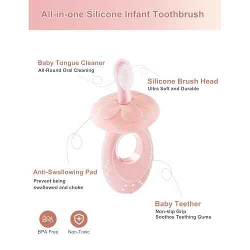 Baby Toothbrush & Teether for Infant and Toddler, Silicone Baby Oral and Tongue Cleaner, Ultra Soft Infant Training Toothbrush with Travel Case, Adjustable Safety Shield - Pink