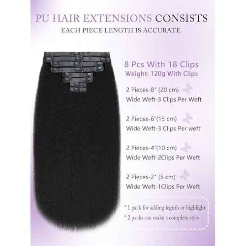 Seamless PU Clip in Hair Extensions for Black Women 100% Unprocessed Brazilian Human Hair PU Thin Weft Kinky Straight Clip ins Natural Black 8Pcs 18Clips 120g (PU-Kinky Straight #1B, 20 Inch)