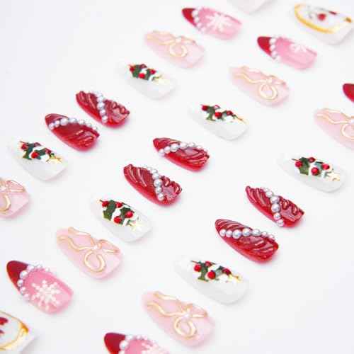 Christmas Press On Nails Medium-Reusable Almond Fake Nails with 3D Bow Pearl Snowflakes Xmas Tree Designs Red French Tips Nails Glitter Winter Xmas Nails Press On for Women Girls,30 Pcs