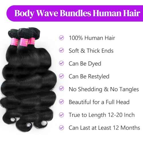 12A Body Wave Bundles Human Hair 16 18 20 Inch Human Hair Bundles 100% Unprocessed Brazilian Virgin Hair 3 Bundles Human Hair Extensions for Women Quick Weave Hair Natural Black