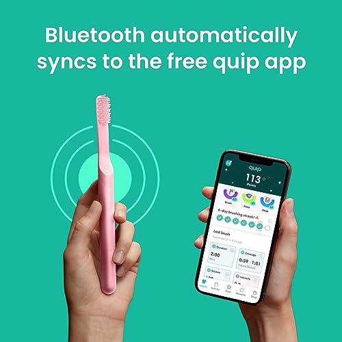 Quip Smart Sonic Toothbrush for Adults - Timed Electric Toothbrush with Bluetooth & Rewards App - Replaceable Brush Head, Soft Bristles, Metal Handle, 3 Month Battery Life - Travel Brush - All-Pink