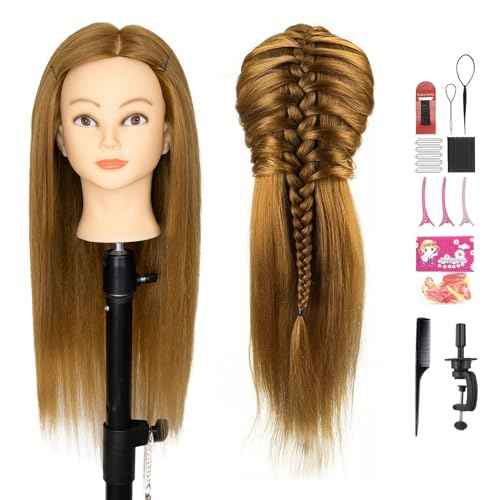 Mannequin Head Human Hair 26"-28" Cosmetology Manikin Head with 80% Human Hair for Hairdresser Practice with Free Clamp Holder and Tools (#27 Light brown)