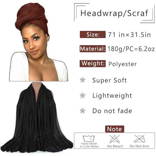 COOKOO 2 Piece Stretch Hijab Extra Jersey Turban African Women's Soft Head Wraps Fashion Head Scarf Long Solid Color Head Band Head Scarf for Women(Black+Coffee)