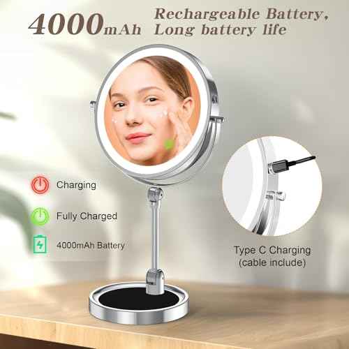 9" Large Lighted Makeup Mirror with 1X/10X Magnification, 4000mAh Rechargeable Vanity Mirror with Height Adjustable & 3 Color Dimmable Lights, 360¡ÆSwivel Double Sided Tabletop Cosmetic Mirror