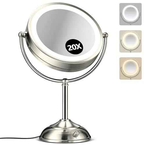 20x Large Lighted Makeup Mirror, Rechargeable 9" Magnifying Makeup Mirror, 30-Minute Timer,3 Color Modes, Adjustable Brightness, No Assembly Required, 360¡Æ Rotation Cosmetic Mirror, Pearl Nickel