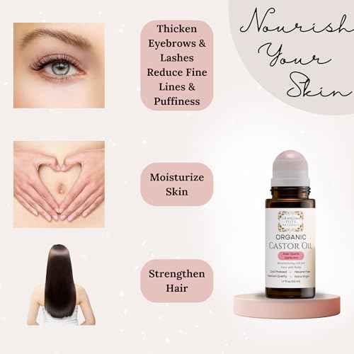 Grandma Flo's Naturals Organic Castor Oil with Rose Quartz Roll On For Face and Body - Glass Bottle, Cold Pressed, Hexane Free, Unrefined - Stimulate Hair Growth, Moisturize Skin (50ml)