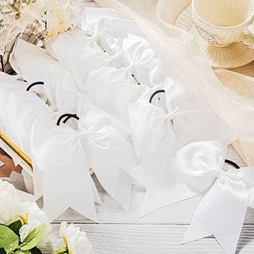 Yunlly 50 Pcs 8" Cheer Hair Bows Bulk Large Hair Bows for Girls Cheerleaders Ponytail Holder Elastic Band Ties for Teen College Sports Cheerleading Accessories(White)
