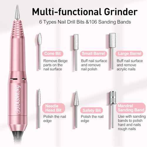 JIASHENG Nail Drill, 20000rpm Professional Electric Nail Drill Machine, Electric Nail File Drills for Acrylic Nails Gel Nails Manicure Pedicure Tools for Salon Use, Pale Pink