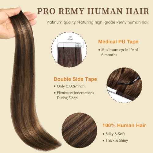 DNE Tape in Hair Extensions Real Human Hair 24 inches 20Pcs/50g/Pack Seamless Dark Brown to Chestnut Brown#T2-P2/6 Straight Invisible Double Sided Tape in Hair Extensions for Women/Girls