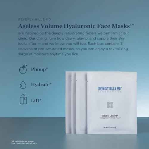 Beverly Hills MD Ageless Volume Hyaluronic Face Mask- Reduce Appearance of Wrinkles, Anti Aging Formula for Plump, Moisturized Skin- 8 Pack- Hydrating & Firming Gentle Sheet Mask