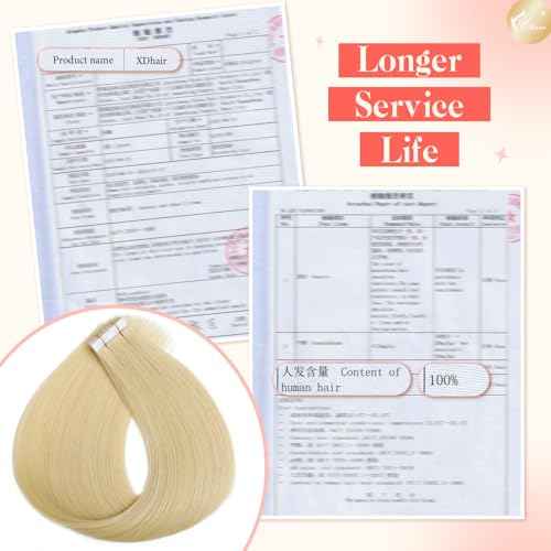 XDhair Blonde Tape in Hair Extensions Human Hair 50g Light Blonde Remy Human Hair Extensions Silky Straight for Women 20 Pieces 20 Inch #60