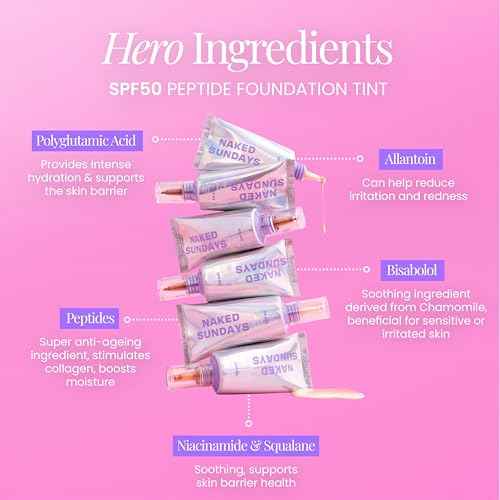Naked Sundays BeautyScreen¢â SPF 50 Mineral Peptide Foundation Tint ? Skin Tint & Mineral Sunscreen | Radiant, Buildable Coverage, Acne-Safe, Infused with Peptides (2.5 Light Neutral, 1.01 oz)