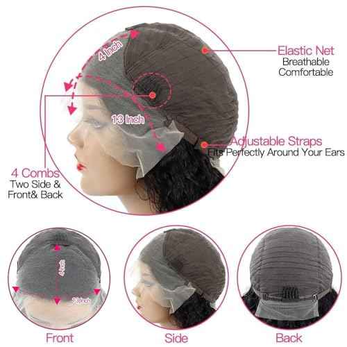 13x4 Deep Wave Human Hair Lace Front Wigs for Black Women Brazilian Virgin Human Hair Deep Curly Lace Front Wigs with Baby Hair Pre Plucked Bleached Knots Natural Color 180% Density 16 Inch