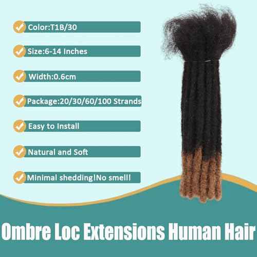 Viovian 0.6cm Human Dreadlock Extensions 12 Inch 30 Strands Real Dreads Human Hair Loc Natural Dread for Men Color 1b/30
