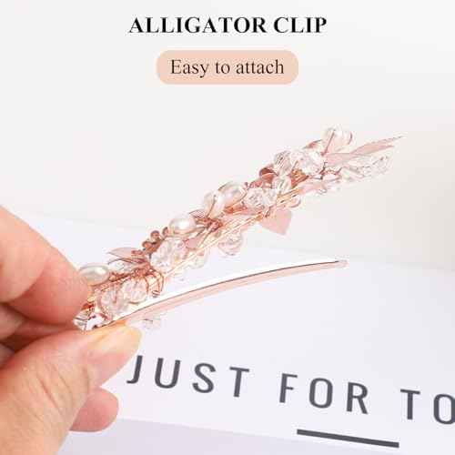 Wedding Hair Clips, Floral Rhinestone Pearl Hair Accessories for Bridal Women, Set of 3 (Rose Gold)