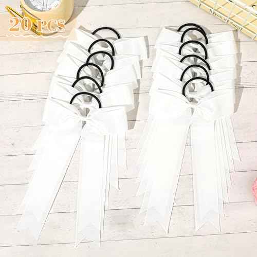 CEELGON 20 PCS College Style Cheer Bows Collegiate Long Tail Skinny Cheer Bow Elastic Hair Tie Bows for Teens Girls Softball Competition Sports Cheerleaders (White)