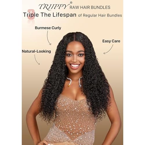 TRIIPPY Real Raw Burmese Curly Bundles Human Hair,100% Burmese Raw Hair Sew in Weave Single Bundle,Triple The Lifespan Over Regular Virgin Hair Bundle,No.1 Raw Hair Brand On Amazon(14 Inch)