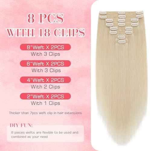 S-noilite Hair Extensions Clip in Human Hair 14 Inch Clip in Hair Extensions Bleach White Hair Extensions Real Human Hair 8PCS 120G Remy Hair Clip in Extensions Double Weft #70