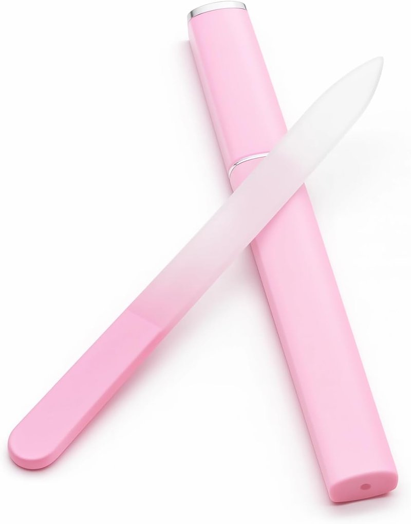 Skiennix Glass Nail File - Double-Sided Etched Czech Crystal Filer with Case | Gentle Nail Care Tool (Pink)