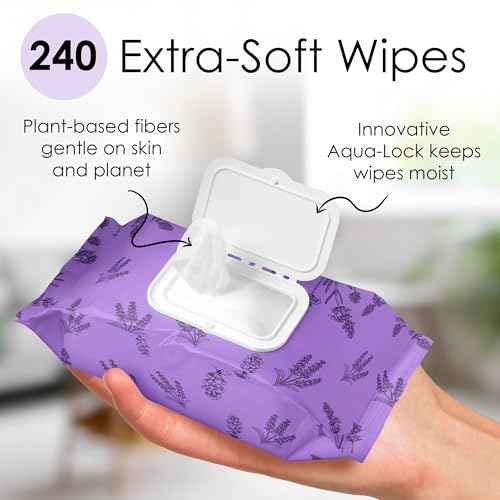 BeautyFrizz Lavender Face Wipes - 240 pcs - Gentle Makeup Remover Wipes for Women - Facial Cleansing Wipe with Aloe, Castor, Vitamin A and E - Extra Soft - Moisturizing
