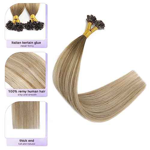 Sindra Keratin Nail Extension Tips Real Human Hair Balayage Darker Brown to Highlighted Blonde 18inch 50 Strand 50G Prebonded Fusion U Tip Hair Extensions Human Hair£¨Utip#3/8/22-18inch£©