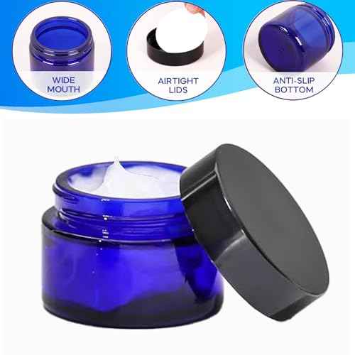 24 Pack 1 oz Round Blue Glass Cosmetic Jars with Inner Liners and Black Lids, Travel Glass Jars, Cosmetic Containers for Lip Balms, Powders, Makeup, Cream, Eyeshadow, Slime, Paint