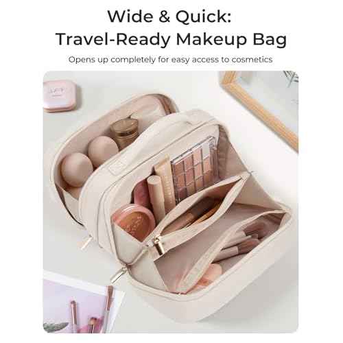 BAGSMART Travel Makeup Bag, Make Up Bag with Multiple Compartments for Organizer, Durable & Compact Cosmetic Organizer for Women for Travel Accessories (Beige)