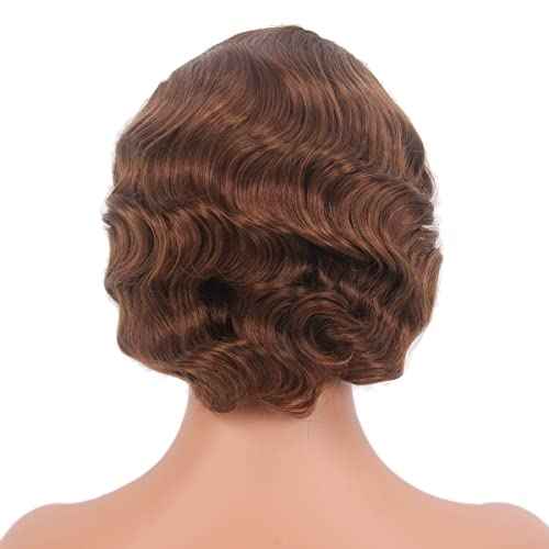 H&Bwig Short Ash Brown 20s Wigs for Women Natural Finger Wave Synthetic Hair Wig for Women Lady Ladies Cosplay Anime Party Costume Anime Flapper Wig