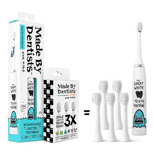 Made by Dentists Kids Electric Toothbrush - Rechargeable Vibrating Toothbrush with Timer, Includes 6 Replacement Heads, Gently Cleans Teeth, Girls and Boys, Kid & Toddlers Age 2+, Shark