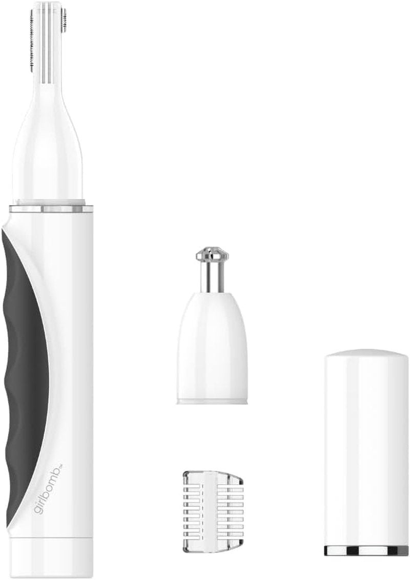 Conair GIRLBOMB Nose Hair Trimmer - Battery-Operated Facial Hair Removal for Women | 360° Beveled Blade, LED Light, White