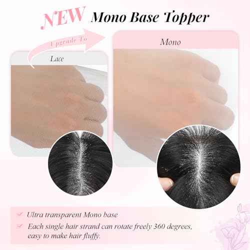 Fine Plus 10Inch Hair Toppers for Women Real Human Hair ? Mono Base 3"x5", Natural Black Virgin Quality, for Thinning Crown & Wide Parting, Lightweight & Breathable, Add Volume Can Be Curled