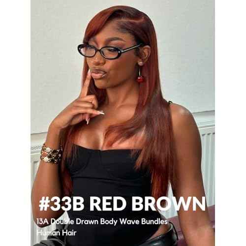 13A Double Drawn Reddish Brown Straight Human Hair Bundles, Full and Thick Copper Red 100% Brazilian Raw Hair 3 Weave Auburn Colored 33B Brownish Straight Bundles 12 14 16 Inch Sew In