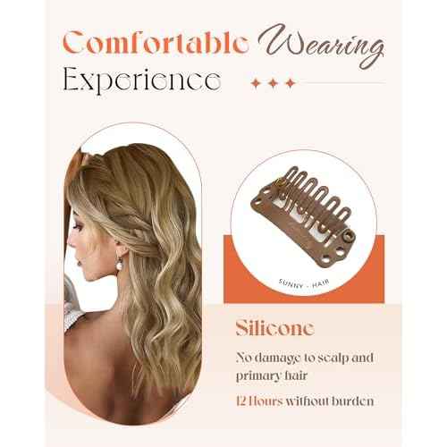 Sunny Hair Clip in Hair Extensions Straight Human Hair Clip in Extensions Remy Clip in Hair Extensions Real Human Hair Extensions Clip ins Chestnut Brown Balayage Platinum Blonde Ombre 16 inch
