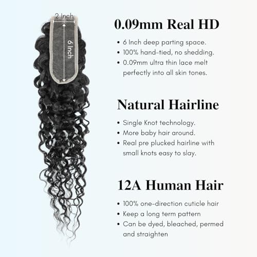 2x6 Kim K Water Wave SKINLIKE Real HD Lace Closure Only Single Knot Human Hair 12A Brazilian Virgin Human Hair Wet n Wavy 0.09mm Ultra-thin Invisible HD Swiss Lace Closure Pre Plucked Curly 12In