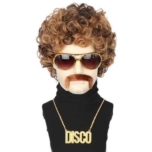 Topcosplay 5Pcs Set 70s 80s Disco Wig for Men or Women Afro Wig with Glasses Necklace Moustache Short Curly Hippies Wigs Blonde Brown